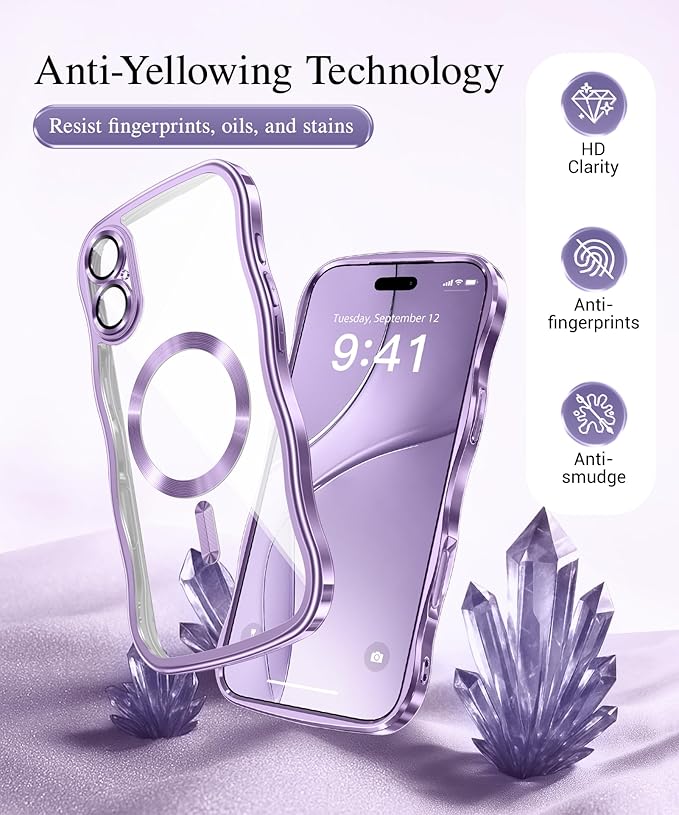 GVIEWIN for iPhone 17 Case Compatible with MagSafe, Upgraded [Full Camera Protection][Cute Wave Frame][Military Grade Protection] Electroplated Hard Phone Cover for Women Girl, Clear/Lilac Purple