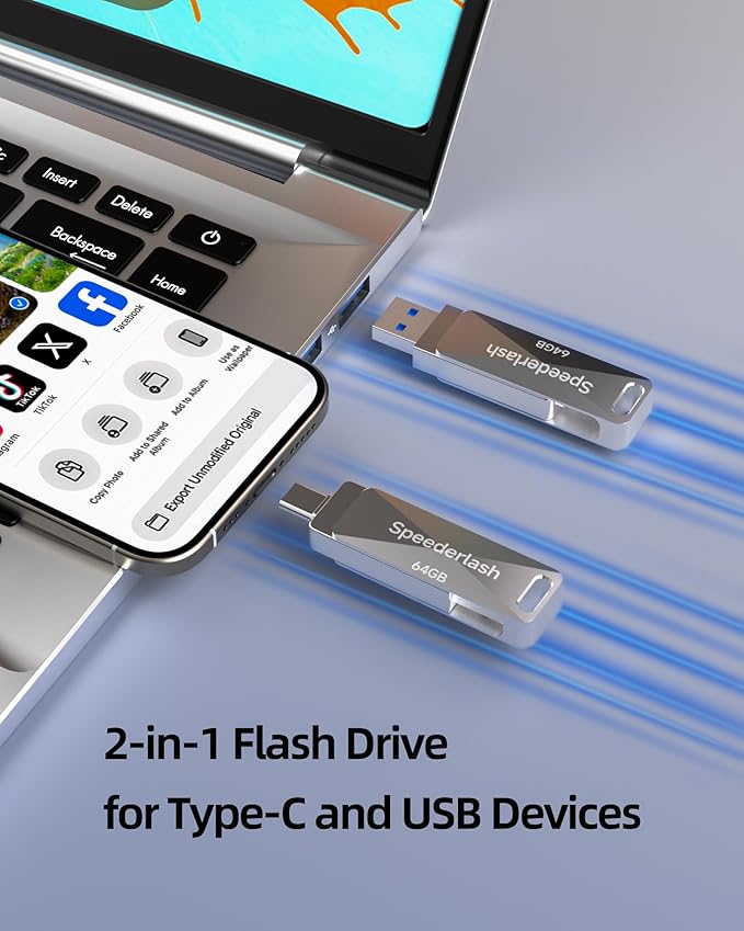 64GB USB 3.0 Flash Drive, Speederlash Dual USB A & Type-C Thumb Drive, 200MB/s Read Speed, Swivel Metal Housing 2-in-1 Memory Stick for Android Phones, Tablets, Laptops, and PCs