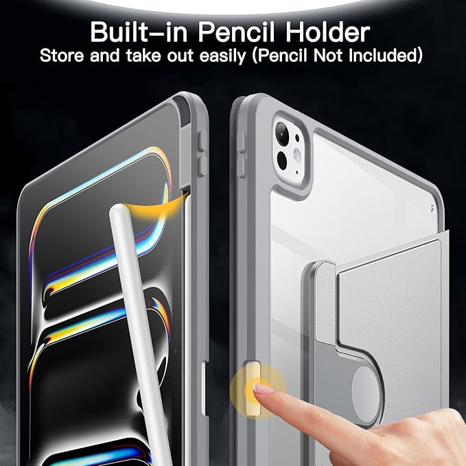 JETech Rotating Case ONLY for iPad Pro 11-Inch M5/M4 2025/2024 (6th/5th Generation) with Pencil Holder, 360 Degree Rotation Protective Stand Cover Clear Back, Auto Wake/Sleep (Silver)
