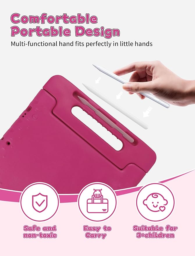 for iPad Pro 13 inch Case 2024 with Pencil Holder and Anti-Slip Hand Stand, Super Protection Rugged EVA Shockproof Kids Cover Compatible with iPad Pro 13-inch (M4)-Rose Red