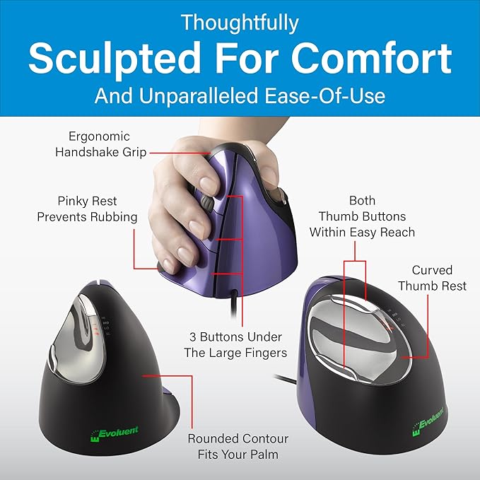 Evoluent – Inventor of The Vertical Mouse – VM4S Ergonomic Vertical Mouse Right Hand Small Wired USB, Sculpted for Comfort, Reduces Wrist Strain, 4 Speeds, 6 Customizable Buttons in Windows