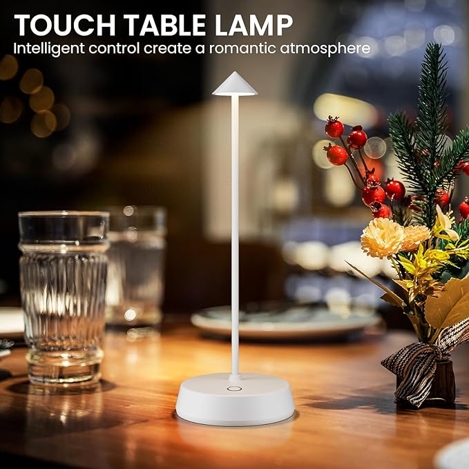 Rechargeable Cordless Small Table Lamp,6000mAh Battery Operated,LED Touch Dimmable Modern TableTop,Portable Outdoor Wireless Bedside Night Light for Restaurant/Dining/Bedroom/Living Room/Coffee(White)