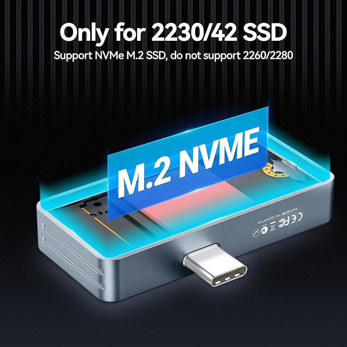 JEYI 2242/2230 M.2 NVME SSD Enclosure, USB C 10Gbps External Housing Adapter Case, Tool-Free Installation, Compatible with Windows/macOS/Linux
