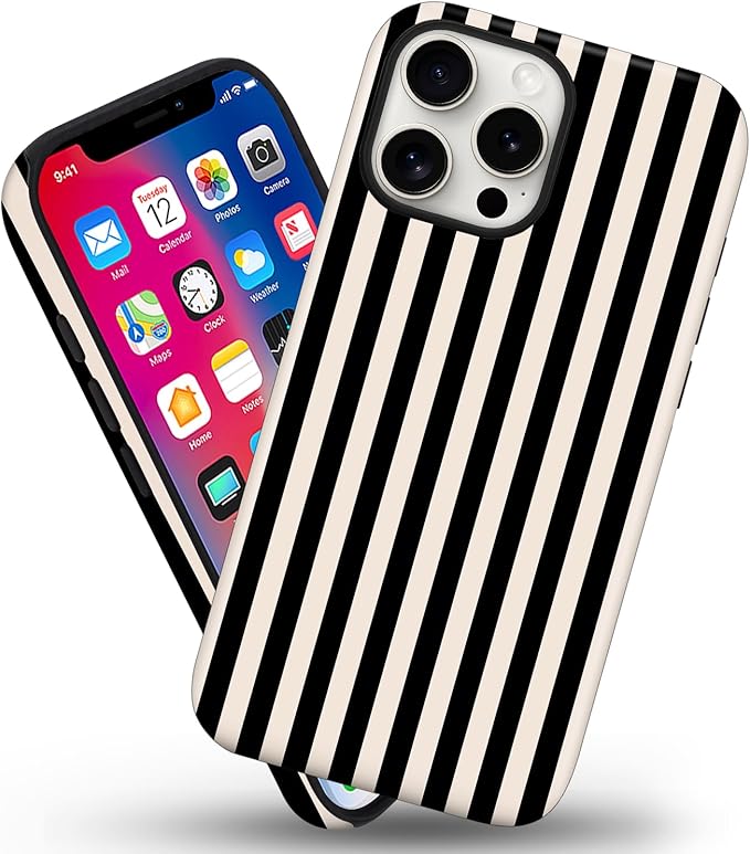 Magnetic for iPhone 15 Case Cute Stripes Phone Case, Shockproof Slim TPU and Hard PC Protective Phone Cover Compatible with MagSafe Designed for Women Girls, Black and White