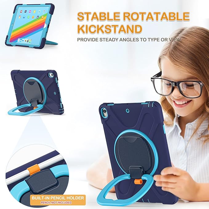 BRAECN Case for iPad Air 3rd Gen 10.5 Inch 2019, w/Pencil Holder, Carrying Shoulder Strap, Handle Grip, Kickstand, Heavy Duty Drop-Proof Protective Silicone Case for iPad Pro 10.5’’ 2017-Navy Blue