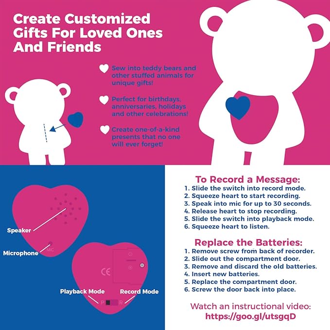Inventiv 2 Pack, 30 Second Voice Sound Recorder Module for Plush Toy, Stuffed Teddy Bear Animal Recordable Heart, Record Custom Messages (Blue)