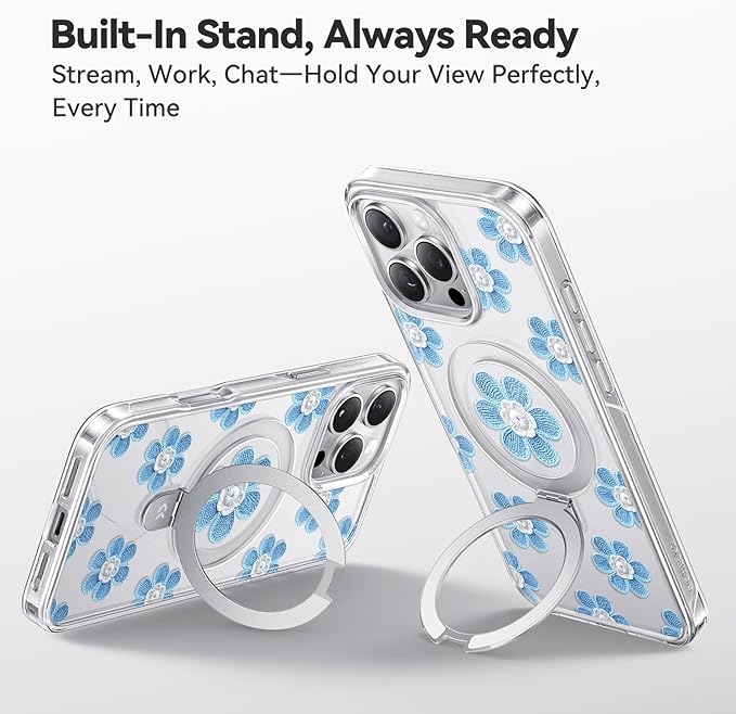 CASEKOO Floral Series Blue Flowers for iPhone 16 Pro Max Case with Magnetic Ring Stand [Compatible with MagSafe] [Military-Grade Protection] Fashion Clear Back, Soft Edge, for Women