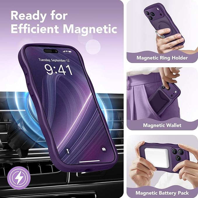 CAPRARO Magnetic for iPhone 17 Pro Case for Women Girls, Upgraded [Full Camera Protection] [Compatible with MagSafe] Cute Wave Translucent Matte Phone Case for iPhone 17 Pro, Deep Purple