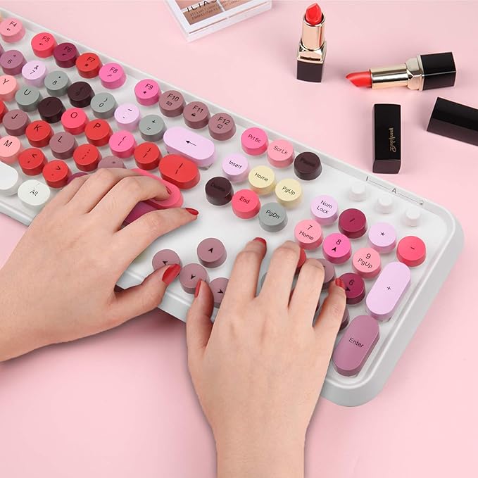 Retro Wireless Keyboard and Mouse Combo,Vintage Typewriter Key Board with 104 Cute Colorful Round Keys, 2.4GHz Full Size Aesthetic Bubble Keyboard&3 DPI Mouse for PC Laptop Desktop (Mixed Pink&Red)