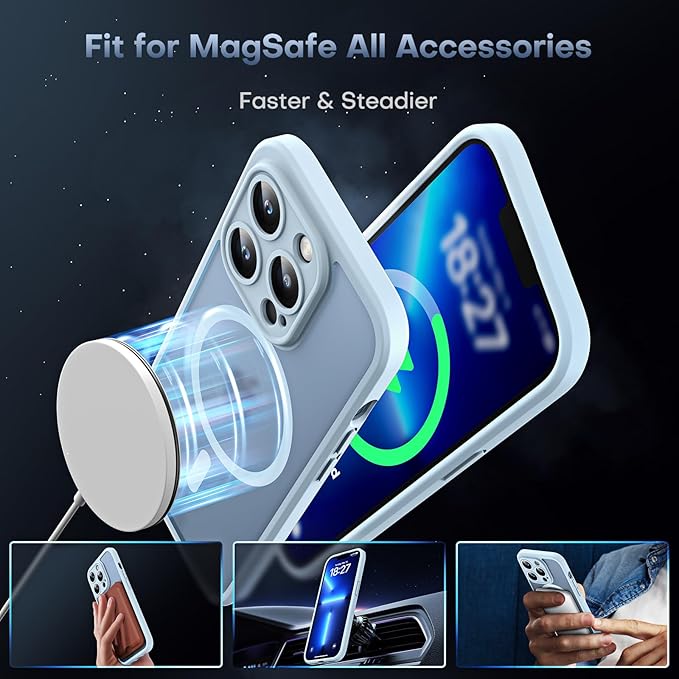 TOCOL Magnetic for iPhone 13 Pro Case Upgraded Full Camera Protection Compatible with Magsafe Drop Protection Translucent Matte Back Bumper Phone Cover 6.1-Inch（Light Blue）