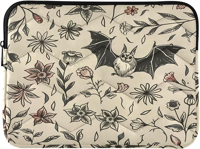 Cute 13 Inch Goth Bat Flowers Laptop Sleeve - Waterproof Computer Cover Bag for Women & Men
