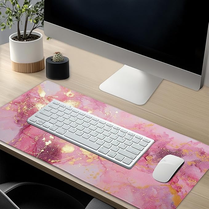 Gold Pink Marble Mouse Pad Extended Large 31.5x11.8in Coquette Kawaii Desk Mat Preppy Trendy Computer Mousepad XL Non-Slip Rubber Base Stitched Edge Rose Gold Mousepad PC Desk Pad for Work Desktop