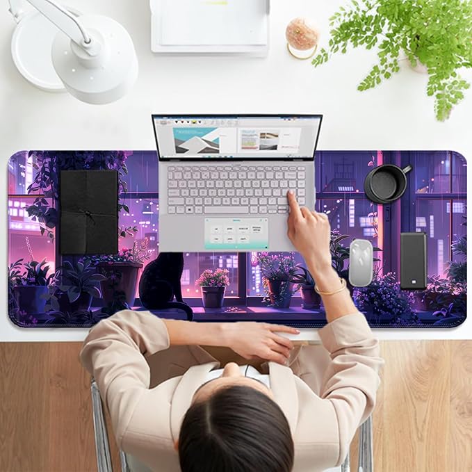 Japanese Anime Cute Cat and Plant Gaming Desk Mat, Computer Keyboard Large Extended Kawaii Animal Mouse Pad for Office and Home, 31.5×11.8 Inches, XL, Purple