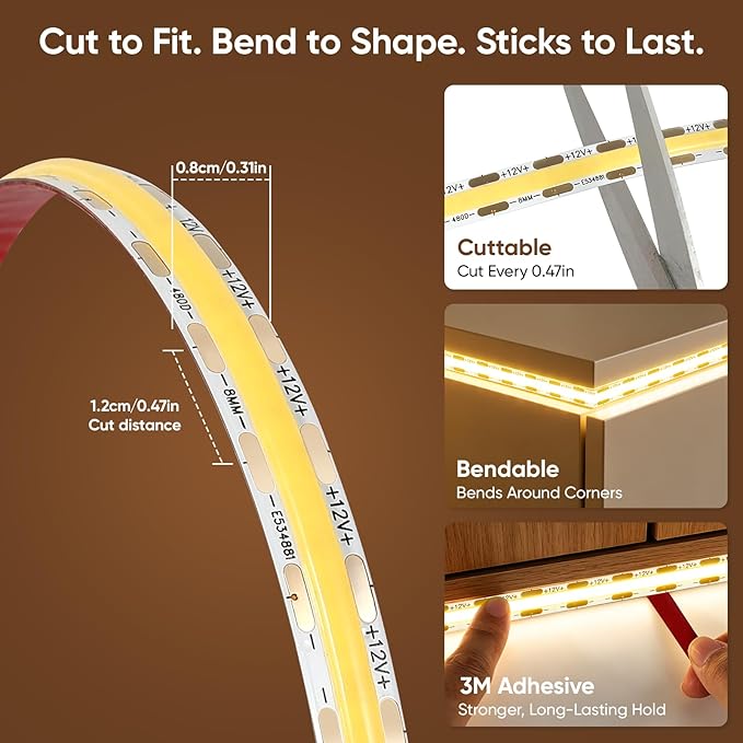 V4light COB LED Strip Light, Warm White (2700K), 12V Tape Light, CRI 95+, 3W/FT High Density, Dotless, Cuttable, UL Listed, Gold-Plated PCB for Bedroom, Kitchen, Cabinets (No Power Supply)