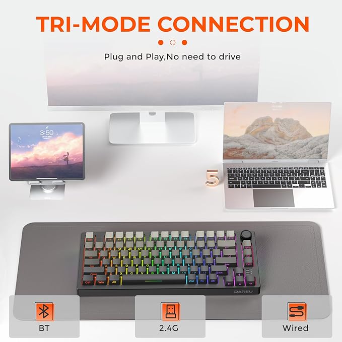 DAREU EK75PRO Wireless Mechanical Keyboard,75% Hot Swap Creamy Gaming Keyboard with Knob,RGB Backlit,Gasket Custom Structure,Side Printed PBT Keycaps,2.4Ghz/BT5.1/USB-C, for Win/MAC