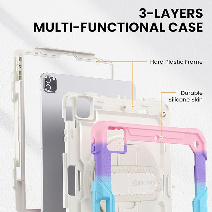 Timecity for iPad Pro 12.9 Case 6th/5th/4th/3rd Gen, 360° Rotating Stand, Pencil Holder & Wireless Charging, Shockproof with Screen Protector & Shoulder Strap - for Designers & Professionals-Pink Camo