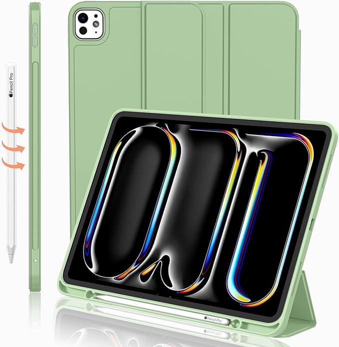 iMieet iPad Pro 13 Inch Case (M5/M4) 2025/2024 with Pencil Holder, Trifold Stand Smart Case with Soft TPU Back, Auto Wake/Sleep (Matcha Green)