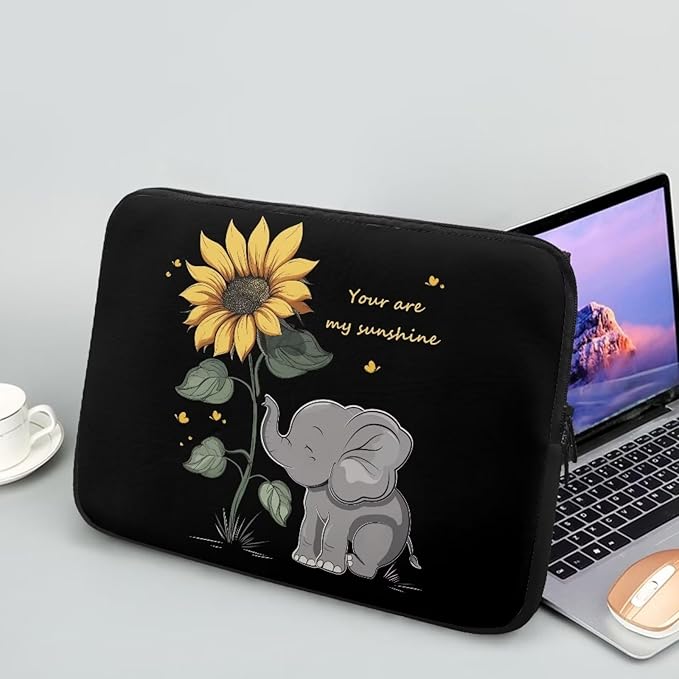 Sunflower Elephant Laptop Sleeve Case for Kids 10 Inch Laptop Protector with Multiple Uses Lightweight Computer Sleeve Tablet Bag Laptop Carrying Case Gifts for Girls Black