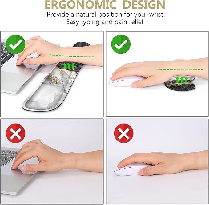 DINKY Keyboard Mouse Pad Set, Large Gaming Mousepad + Memory Foam Ergonomic Keyboard Wrist Rest Support, Easy Typing Pain Relief, 4Pcs (35.4" x 15.8") Extended Desk Mat -Black Gold Marble