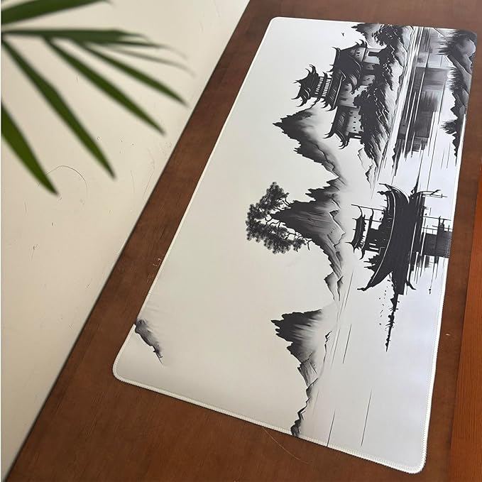 Chinoiserie Mouse Pad Black White Large Ink Painting Desk Mat Landscape XXL Large Gaming Mouse Mat for Office,Computer,Keyboard,Laptop and Home Desk Mat 31.5 X 15.7inch