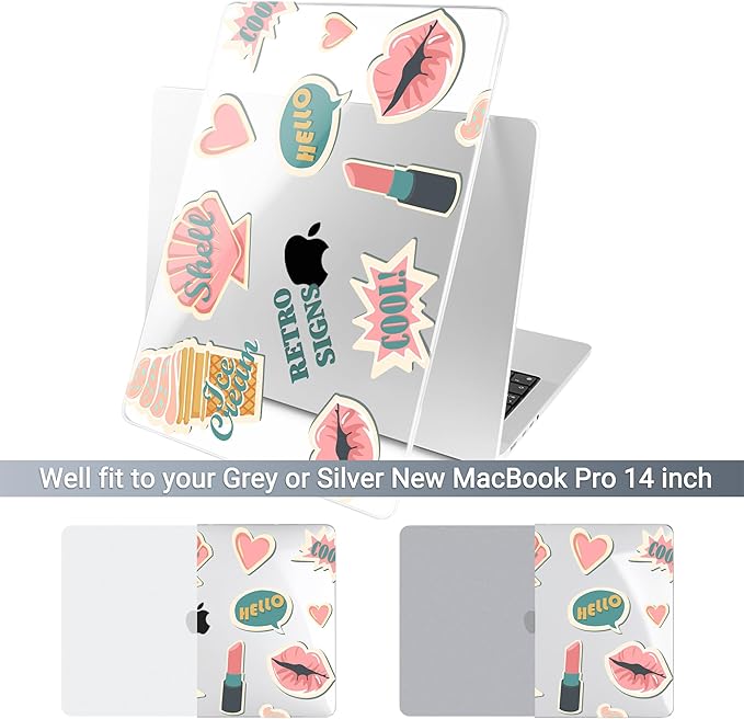 Batianda Case for New MacBook Pro 14 Inch M5 (2025 2026) & 2024 2023 Release [Model A3434 / A3112] - Ultra Slim 1.2mm Glossy Hard Shell Protective Skin Keyboard Cover 4-in-1 Bundle, Retro Stickers