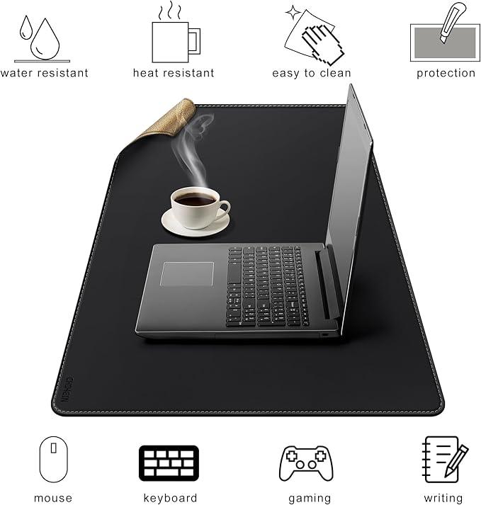 Chihein 2XL 35" x 16" Cork & PU Leather Desk Mat, Dual Sided Desk Pad Protector, Waterproof Writing Blotter for Gaming, Office, Home (Black)