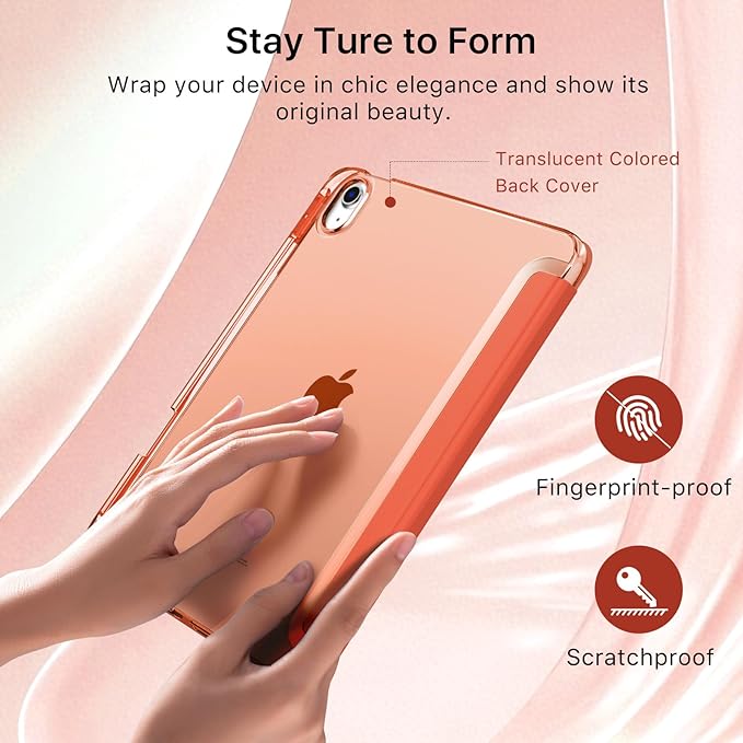 MoKo for iPad Air 11 inch Case (M4/M3/M2) 2026/2025/2024, iPad Air 5th/4th Gen 10.9 inch Case 2022/2020 with Pencil Holder, Slim Light Trifold Cover with Hard PC Translucent Back Shell, Orange