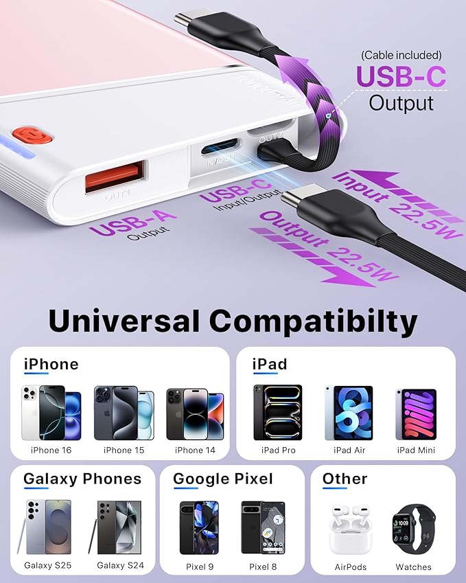 Aaoyun Portable Charger Power Bank, 10000mAh 22.5W PD Fast Charging Powerbank with Built-in USB C Cable, Slim External Phone Battery Pack for iPhone 17/16/15 Samsung S24 Android etc (Pink)