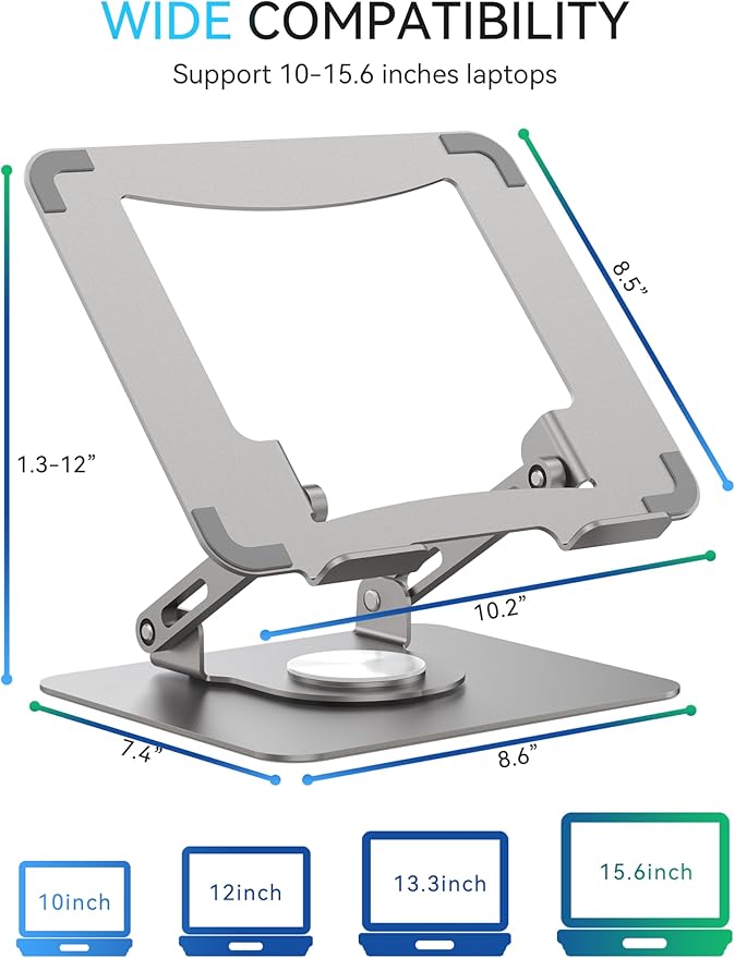 SOUNDANCE 360 Rotating Laptop Stand, Ergonomic Computer Riser for Desk, Adjustable Height Multi-Angle Metal Holder, Foldable Portable Notebook Elevating Base for Office & Home, Silver Grey