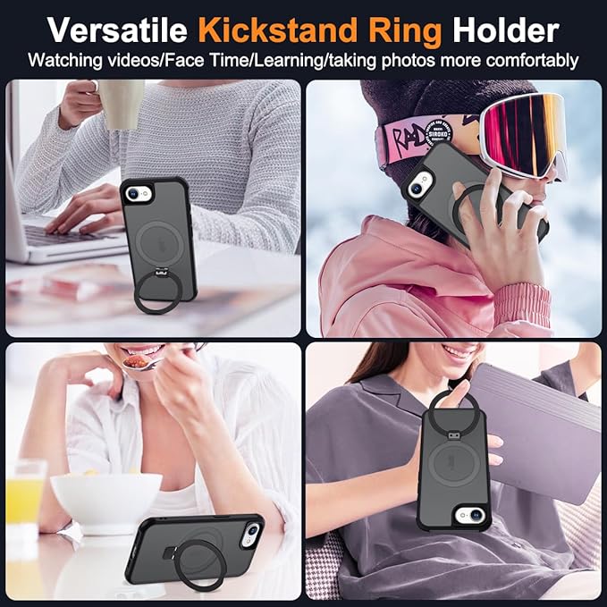 SKYLMW Compatible with iPhone 16e Case & iPhone 17e Case 6.1" with Invisible Magnetic O-Ring Stand Military-Grade Translucent Phone Cases [Compatible with Mag-Safe][Great Grip Feeling], Black