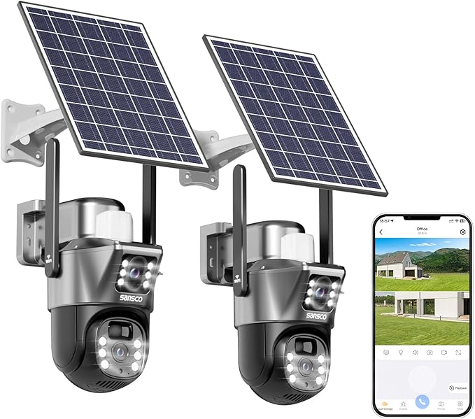 SANSCO 2K Dual Lens Solar Security Camera Wireless Outdoor, No Wires Needed, 2.4G & 5G WiFi, 360° PTZ Home Security Camera, Spotlight Color Night Vision, 2-Way Audio, PIR Motion Detection (2 Pack)