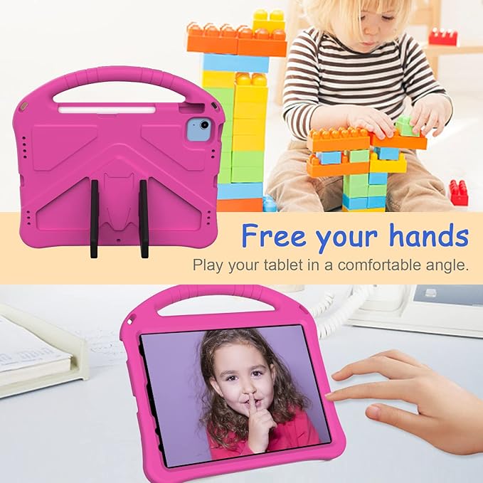 Kids Case for iPad A16 11th/10th Generation 2022/2025 11-Inch iPad Cover with Pencil Holder, Techcircle Lightweight Shockproof EVA Foam Rugged Handle Stand Anti-Slip Grip Protective Case, Rose