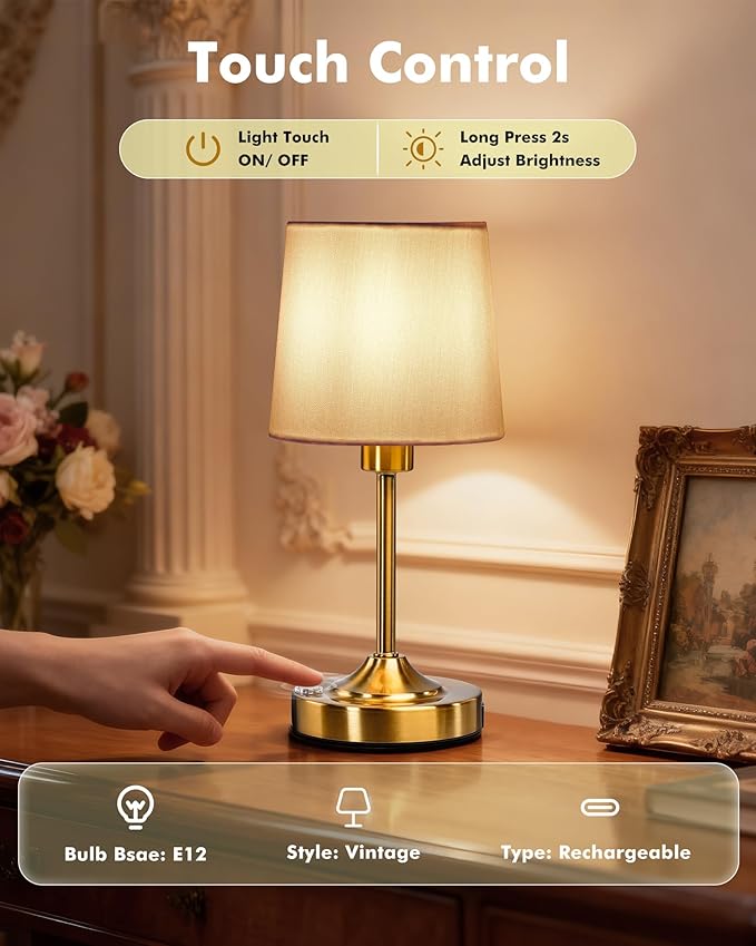 Cordless Table Lamp, 5000mAh Rechargeable LED Desk Lamp with 3-Level Dimmable Brightness, Portable Nightstand Light for Bedroom, Living Room, Bedside, Dining Room (Polished Gold) - 2 Pack