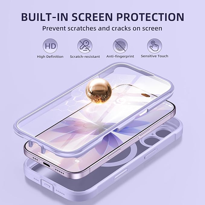 BERFY for iPhone 17 Case, Compatible with MagSafe, Built-in Glass Screen Protector, Camera Protection, Shockproof Full Body Phone case 6.3", Clear Purple