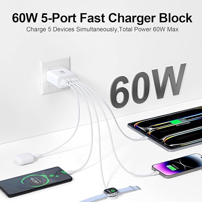 USB C Charger Block, 60W 5-Port Type C Charger Fast Charging Block, USBC USB Multiple Port Wall Charger Plug Adapter for iPhone 17/Air/16/15/14/13/12/11 Pro Max, Samsung Galaxy, iPad, Tablet (White)
