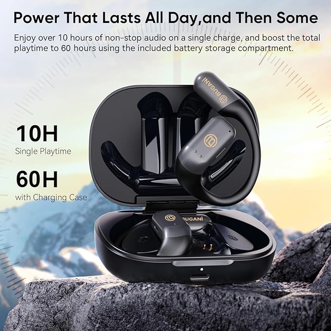 BUGANI Open Ear Headphones, Bluetooth 5.4 Wireless Earbuds with 60H Playtime, ENC Noise Cancelling Mic for Clear Calls, IPX5 Waterproof Sports Earphones for Running Workout Cycling