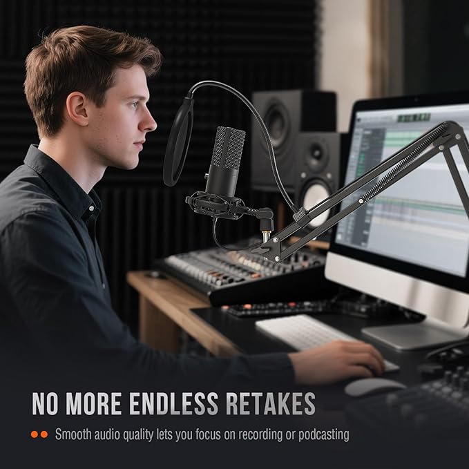 FIFINE Studio Microphone 6.35mm/3.5mm Headphones Bundle, USB PC Condenser Microphone with Scissor Arm Stand, Shock Mount, Monitor Over-Ear Headphones, for Instruments Recording Podcasting (T669+H8)