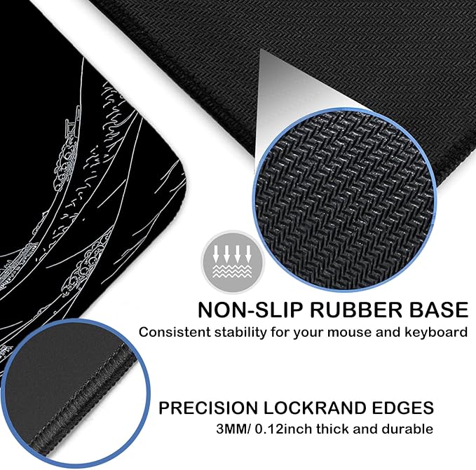 Japanese Kanagawa Sea Wave Large Gaming Mouse Pad Black XXL Keyboard Pad, Mouse Mat, Desk Pad, Non-Slip Rubber Base & Stitched Edges - Extended Mousepad for PC/Laptop/Office/Home Decor 31.5"x15.7"