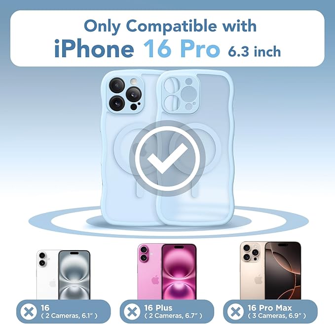 CAPRARO for iPhone 16 Pro Case for Women Girls, Upgraded [Full Camera Protection] [Compatible with MagSafe] Cute Wave Translucent Matte Phone Case for iPhone 16 Pro, Light Blue