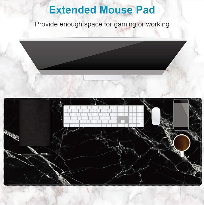 XXL Waterproof Office Desk Pad Protector 35.4x15.7 Inch - Extended Gaming Mouse Pad with Non-Slip Rubber Base, Thickened Keyboard Mat, Stitched Edges & Black White Marble Design