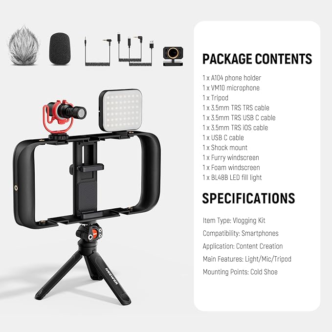NEEWER Basics Vlogging Kit with Phone Cage Rig Microphone LED Fill Light Tripod Compatible with iPhone, Youtuber Starter Content Creator Essential for YouTube TikTok Streaming Video Recording, PA055