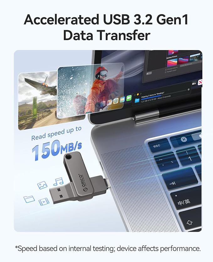 ORICO 32GB Dual USB-C USB-A Flash Drive 150MB/s High Speed USB 3.0 Memory Stick, Zinc Alloy Rotating Design, Compatible with iPhone 15/16/17, Android, Mac, PC, Car Audio – Plug & Play