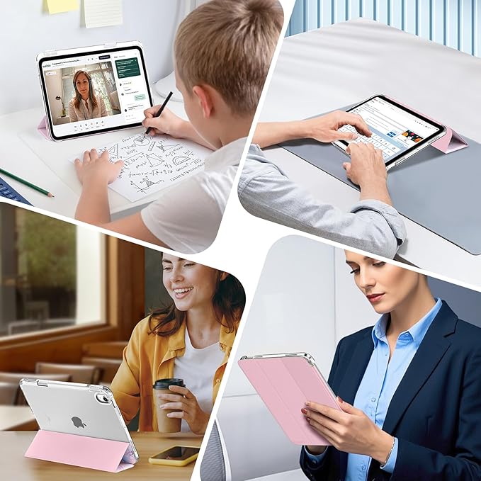 MoKo for iPad Air 11 inch Case (M4/M3/M2) 2026/2025/2024, iPad Air 5th/4th Gen 10.9 inch Case 2022/2020 with Pencil Holder, Slim Light Trifold Cover with Hard PC Translucent Back Shell, Pink Marble