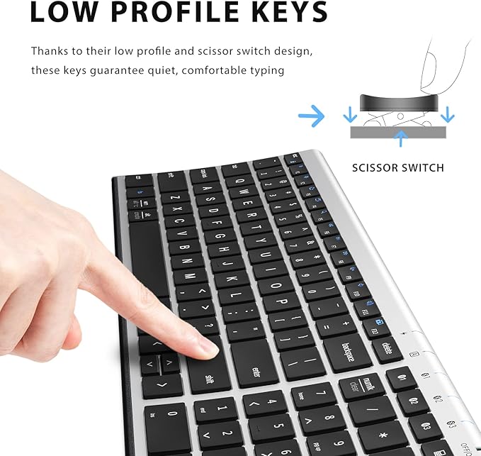 iClever BK10 Bluetooth Keyboard, Wireless Rechargeable Ultra-Slim Keyboard with Long Battery Life, Compatible with iOS, Android, Windows, Mac for iPad, Tablet, Laptop, PC, Phone (Silver Black)