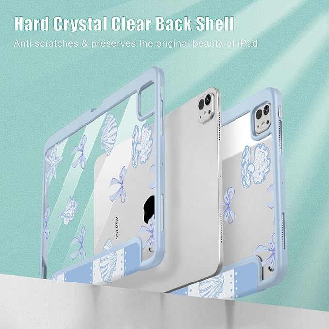 May Chen for iPad Pro 13 Inch Case M5 2025 / M4 2024, Built Pencil Holder & Clear Transparent Print Back Shell Slim Stand Shockproof Tablet Cover, Auto Wake/Sleep, Blue Checkered