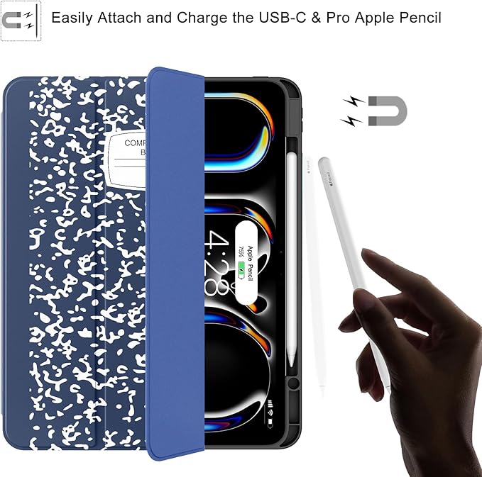 Soke Case for New iPad Pro 13 Inch (M5/M4, 2025/2024 Release), with Pencil Holder Trifold Stand Shockproof [Support Apple Pencil Charging + Auto Wake/Sleep], Soft TPU Back Cover, Book Navy