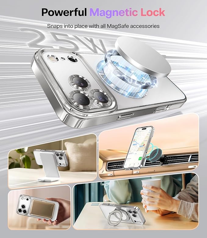 Meifigno Designed for iPhone 17 Pro Case 6.3", [Glitter Card & Wrist Strap][Compatible with MagSafe][1HD +1X Privacy Screen Protectors] Surround Raised Lens Protection for 17 Pro Case, Titanium Silver