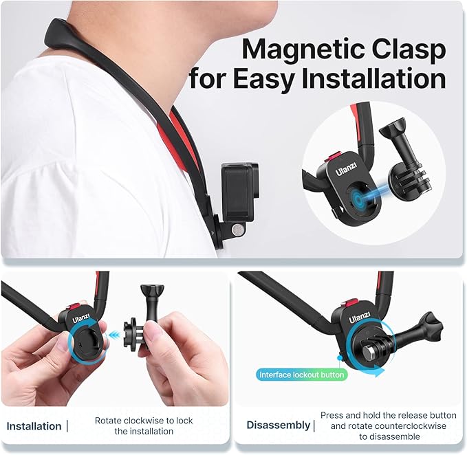 ULANZI Go Quick II Magnetic Neck Mount for Action Cameras, One-Click Quick Release POV Holder, Compatible with GoPro Hero 13/12/11/Insta360 X5/X4/X3/DJI OSMO Action 5/4/3 Pro, Hands-Free Vlogging