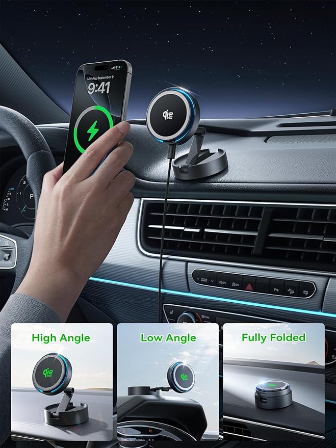 THREEKEY for Qi2 25W Certified MagSafe Car Mount Charger Lite with Cooling Fan&LED Light, 360° Rotating Fast Wireless Charger & Phone Holder for iPhone 17-12, Galaxy S25-S26 | 30W Adapter Included
