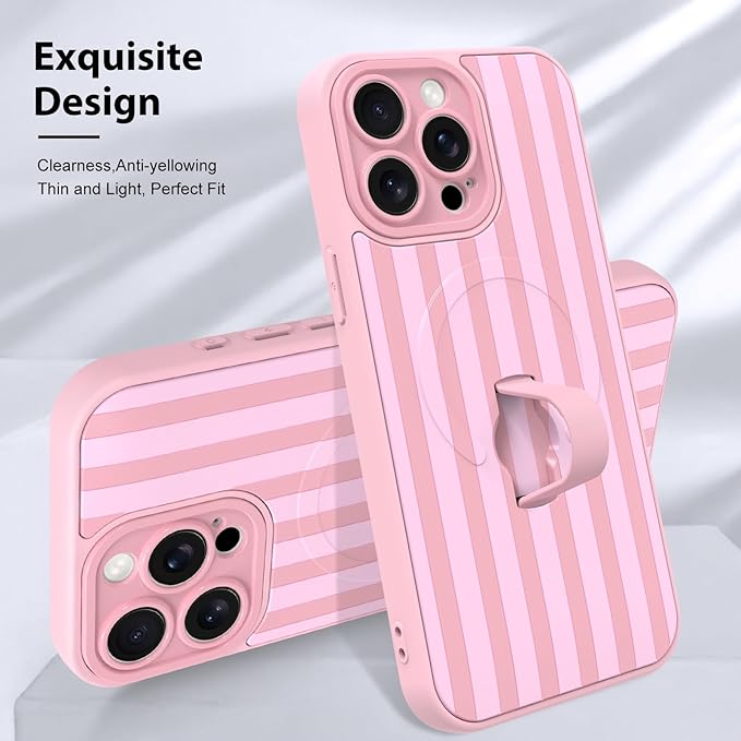 KANGHAR Compatible with iPhone 15 Pro Case, Support for MagSafe, Silicone Stripes Cute Pattern, Wristband Kickstand Camera Protection Soft Slim Cover for Girls Women -Pink